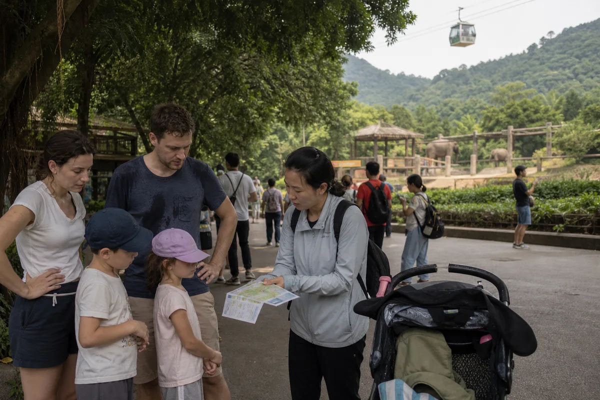 A family resting in the shade while a guide checks the park route in Guangzhou