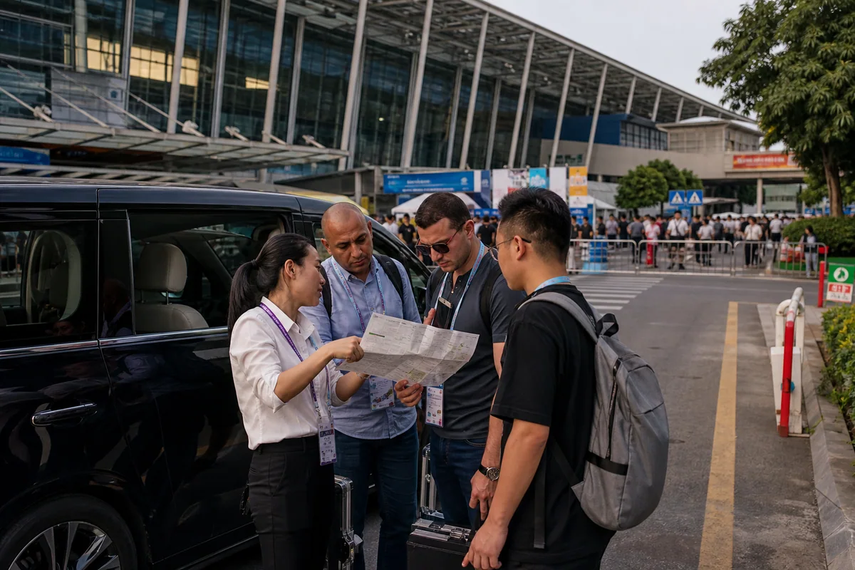 International buyers reviewing a Canton Fair hall plan with a coordinator in Pazhou