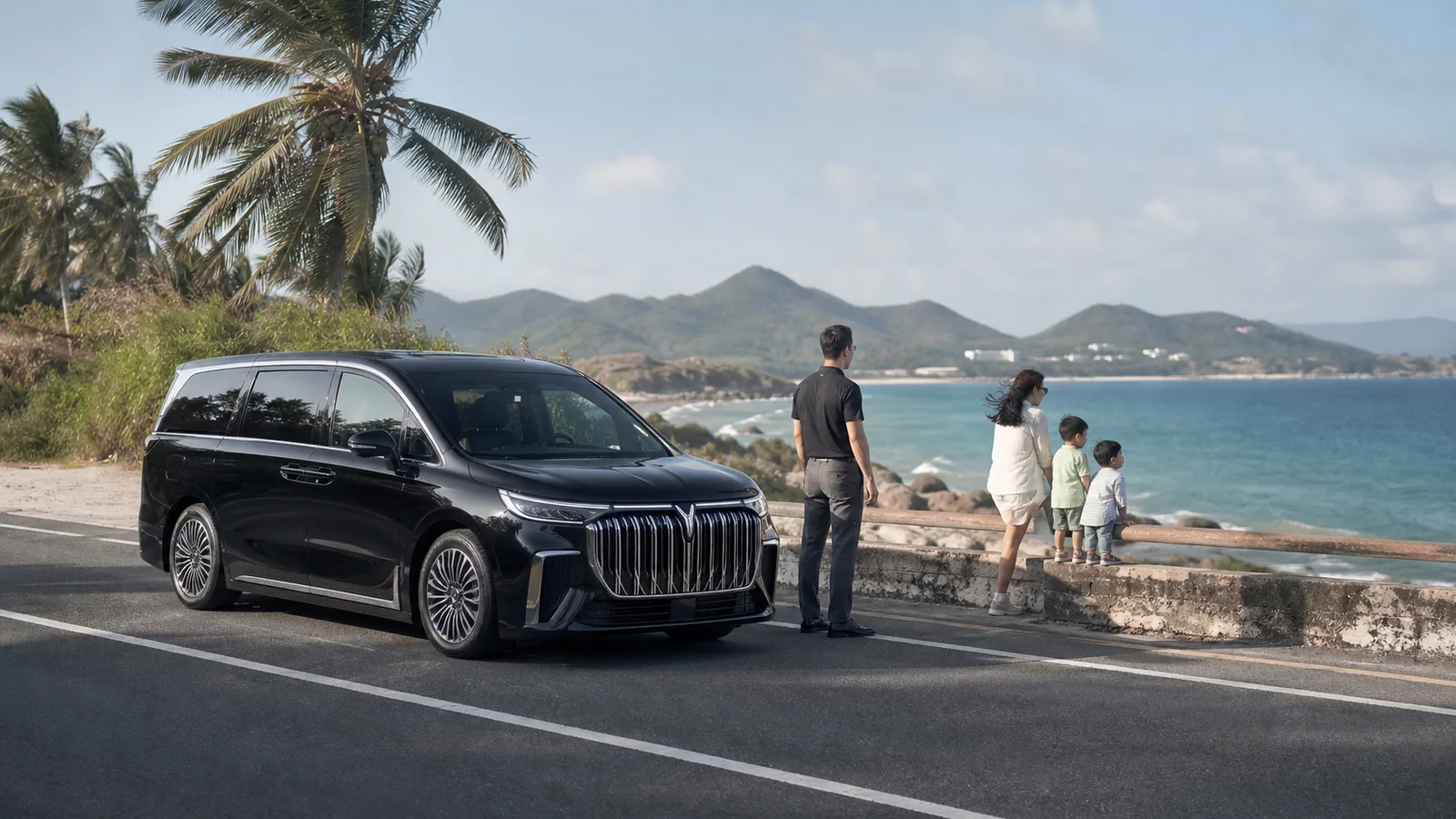 International family stopping with a private MPV beside the coast near Wanning in Hainan