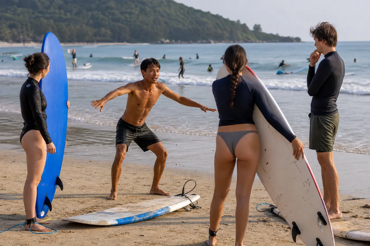 International beginners receiving a surf lesson from a local instructor at Riyue Bay in Wanning
