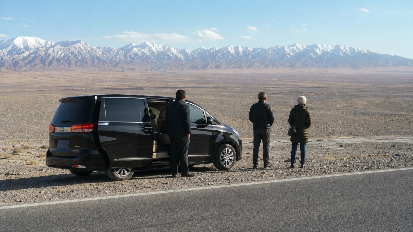 Travelers and private chauffeur looking across the Hexi Corridor toward the Qilian Mountains