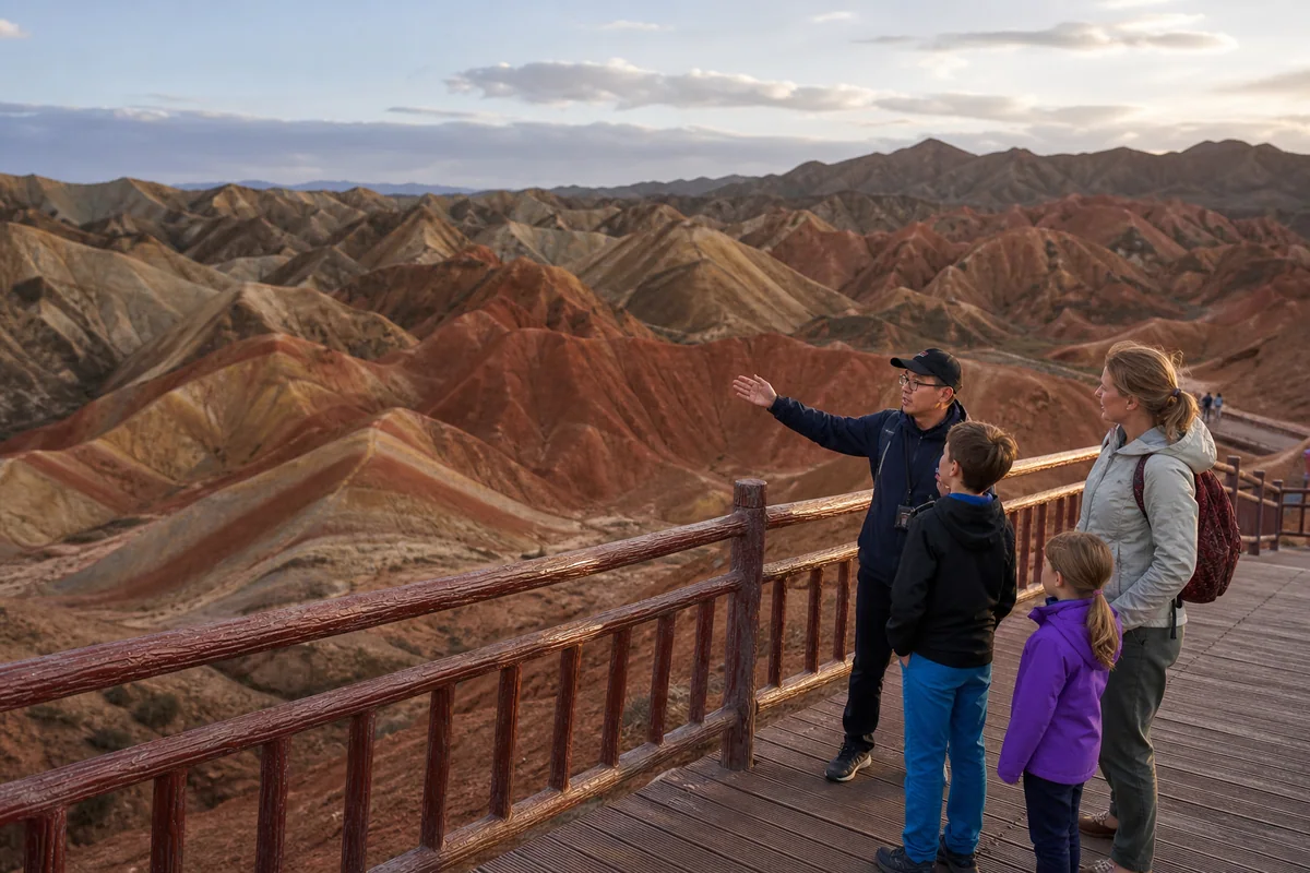 Family viewing the layered landforms of Zhangye Danxia with a local guide