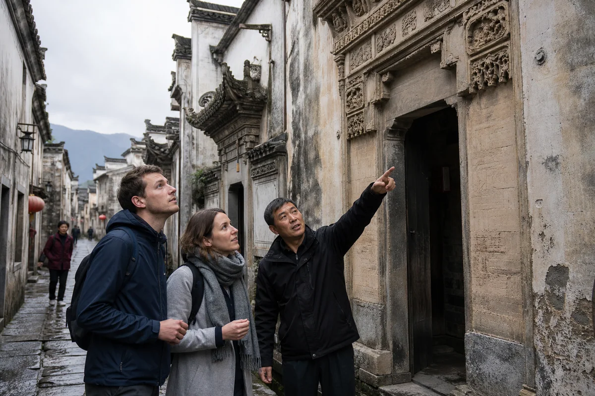 Architecture travelers studying carved Huizhou doorways with a guide in Xidi