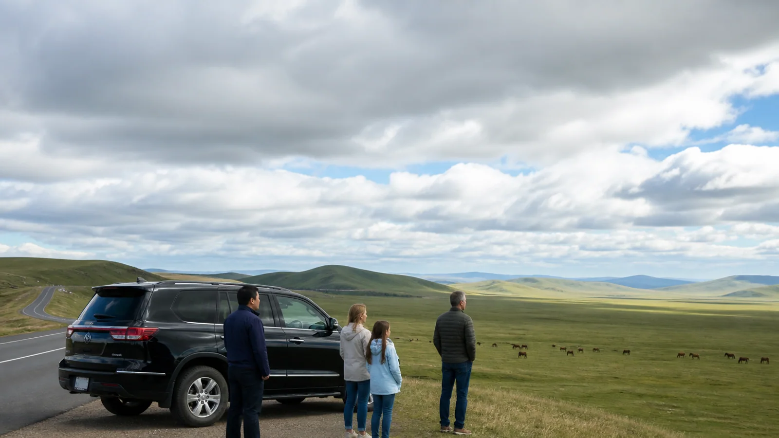 International family and private chauffeur at a legal Hulunbuir grassland road viewpoint