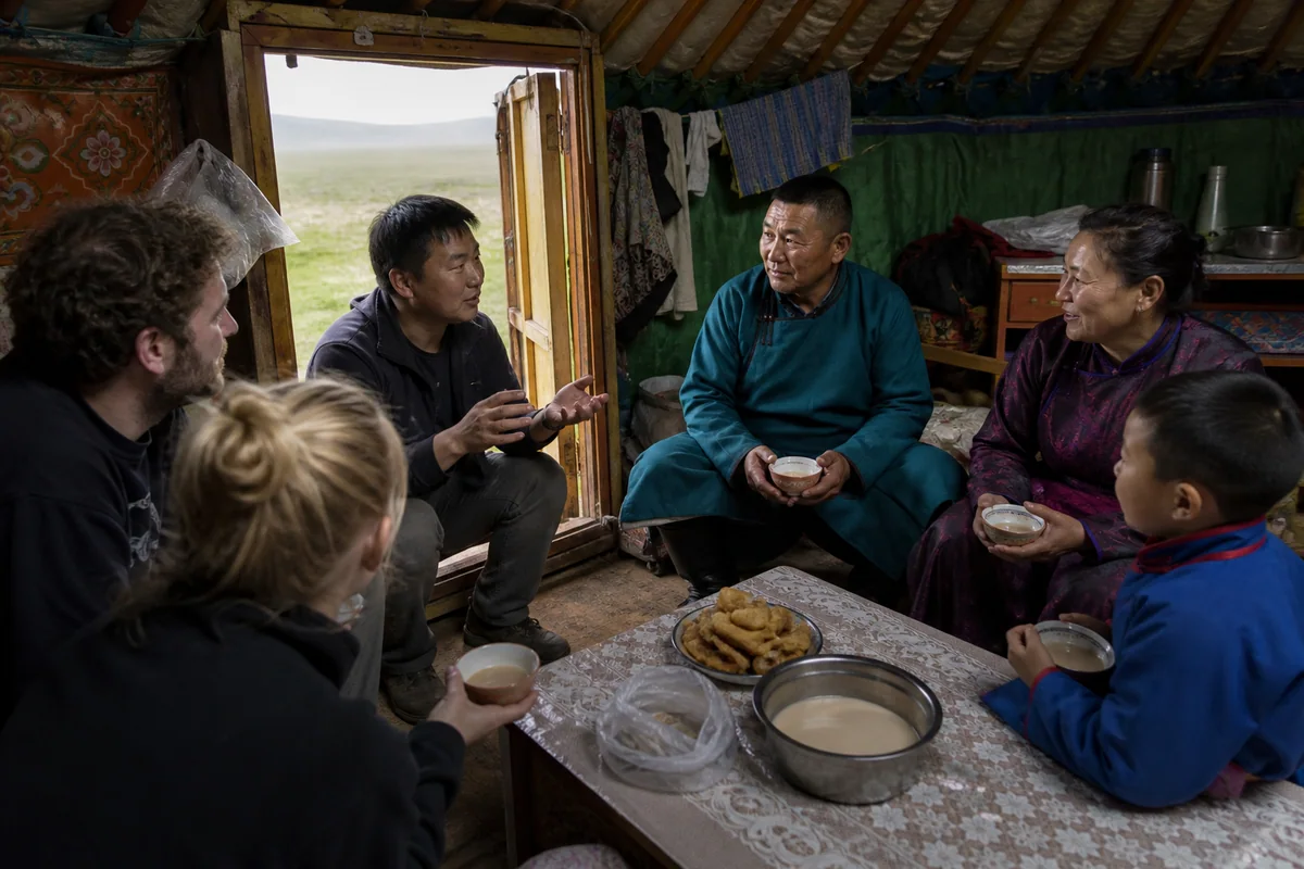 International travelers sharing tea with a local family in Hulunbuir