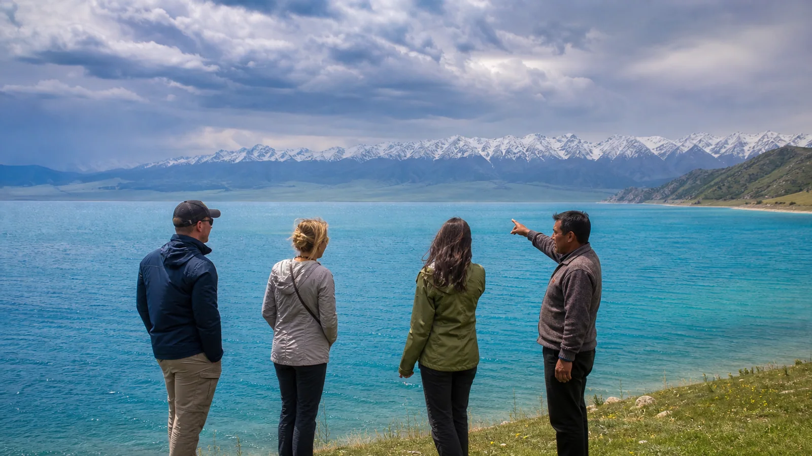 International travelers and guide at a viewpoint beside Sayram Lake in Xinjiang
