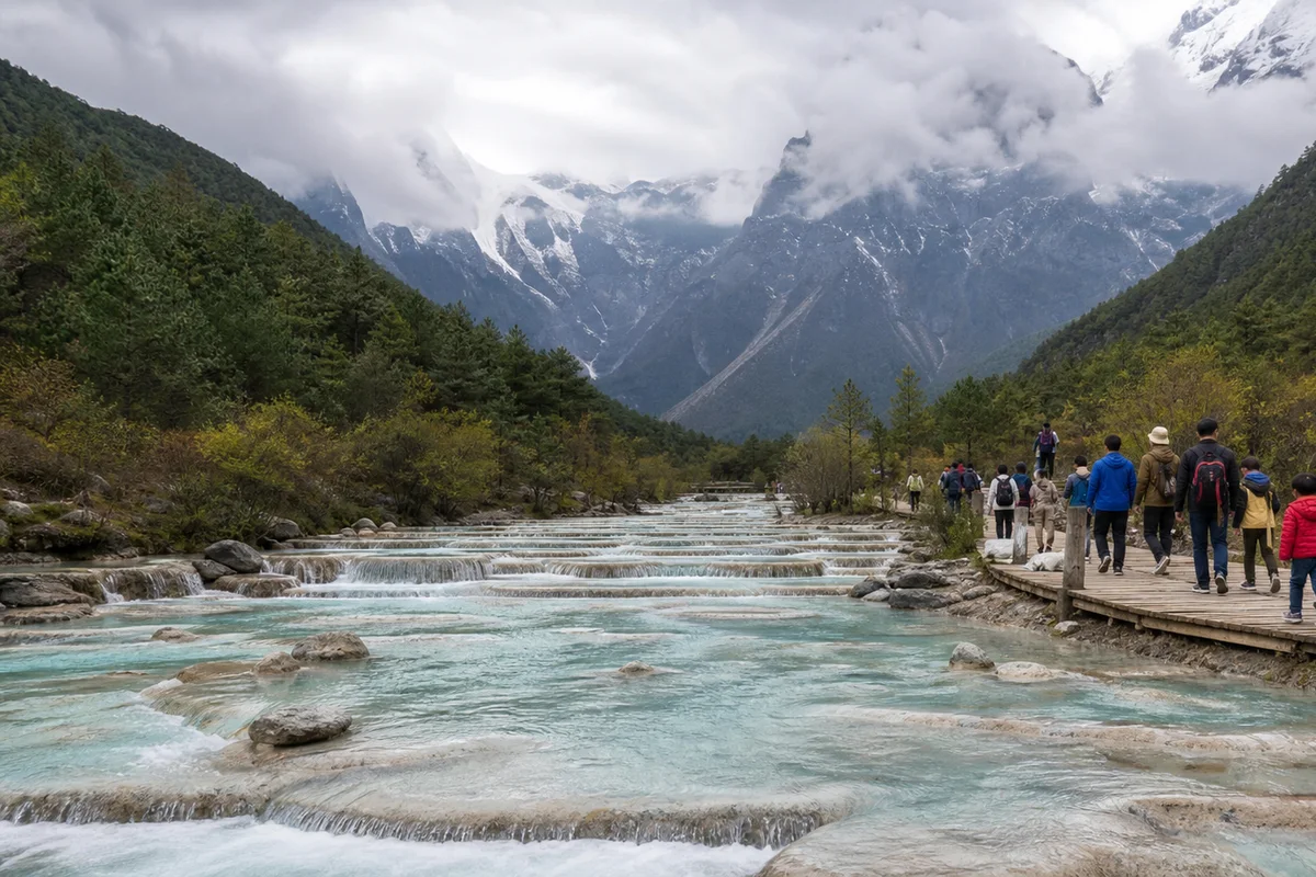 Families walking beside the turquoise water of Blue Moon Valley below Jade Dragon Snow Mountain