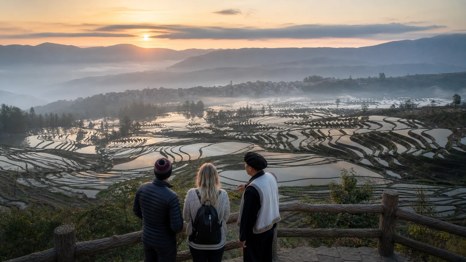 Travelers watching sunrise over flooded Yuanyang rice terraces with a local Hani guide