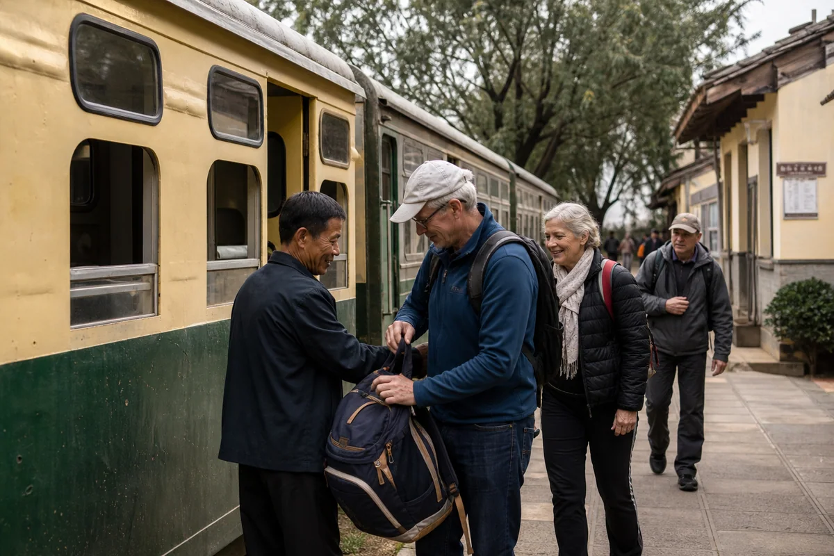 International travelers arriving beside the heritage train near Jianshui in Yunnan