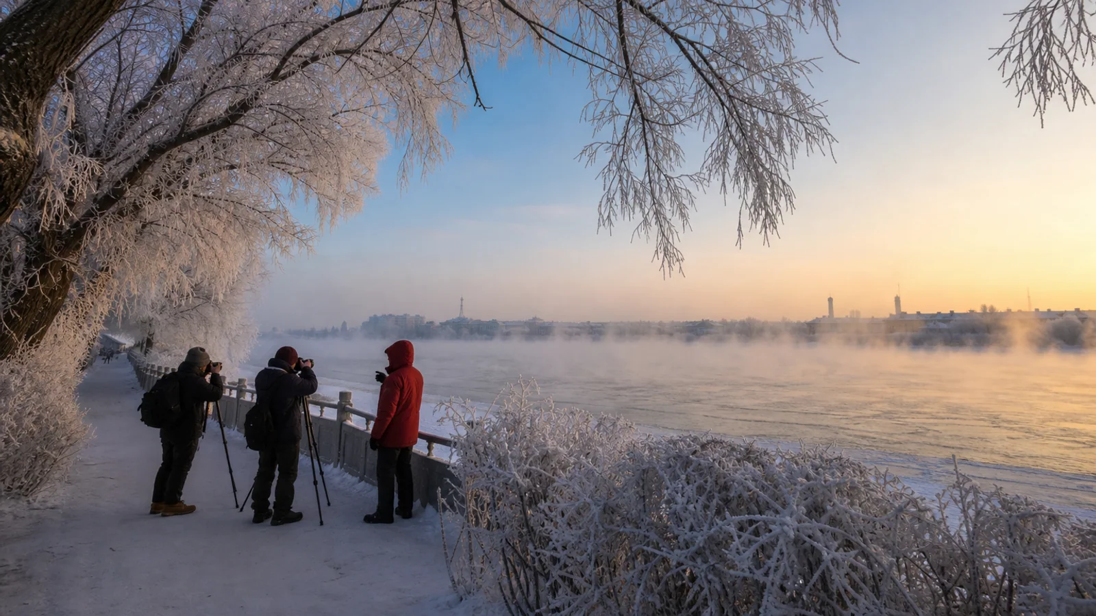 International travelers photographing rime beside the Songhua River in Jilin City at sunrise
