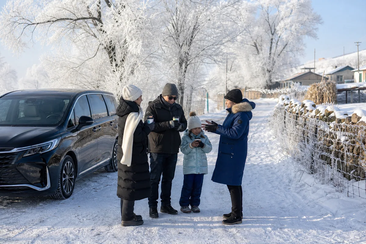 International family taking a warm drink break near Wusong Island in Jilin