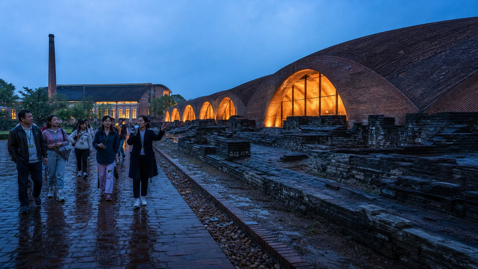 Imperial Kiln Museum brick vaults and archaeological ruins in Jingdezhen at blue hour