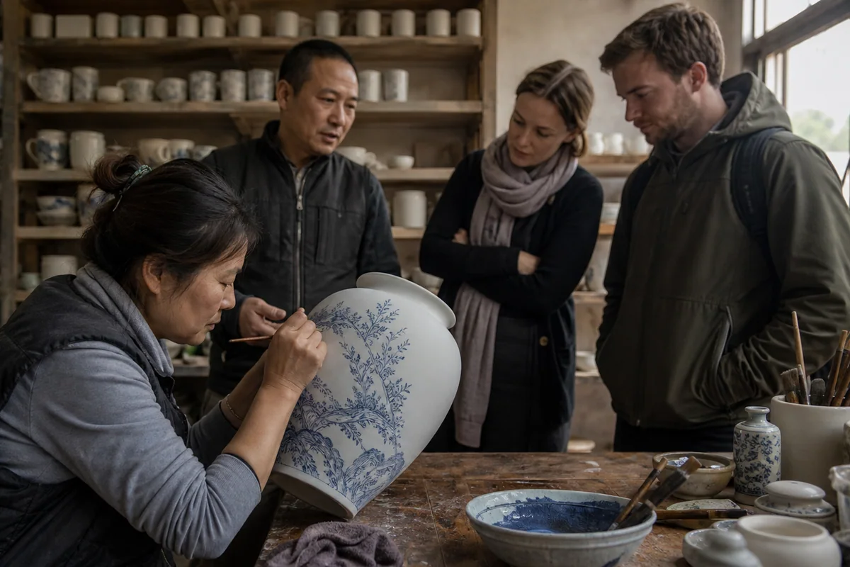 A Jingdezhen porcelain artisan painting cobalt decoration while travelers observe