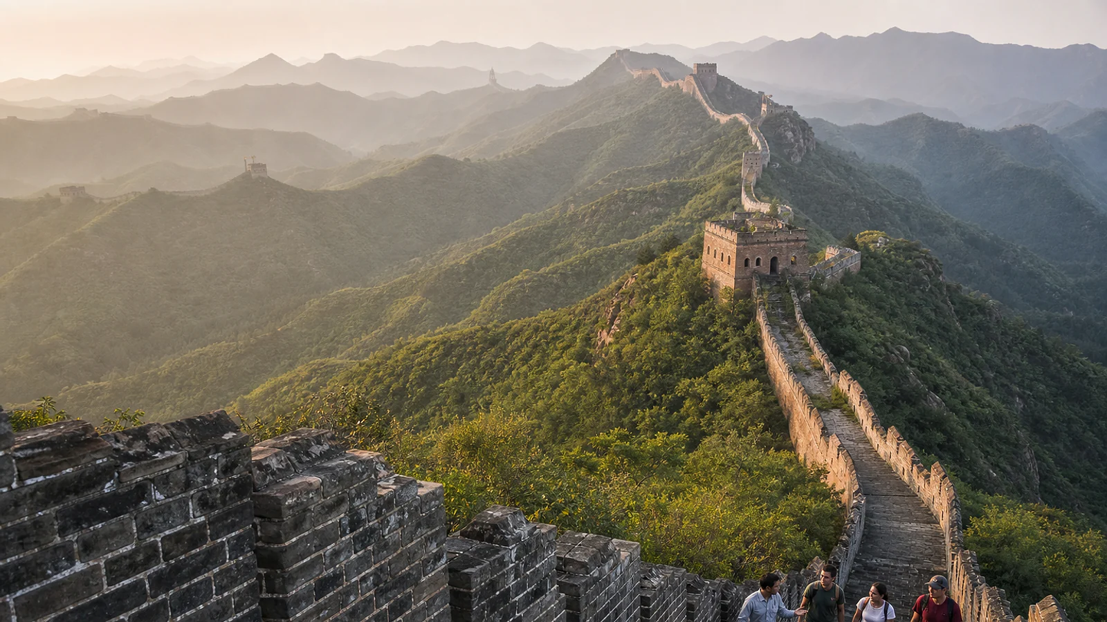 Morning light across the watchtowers and mountain ridges of Jinshanling Great Wall