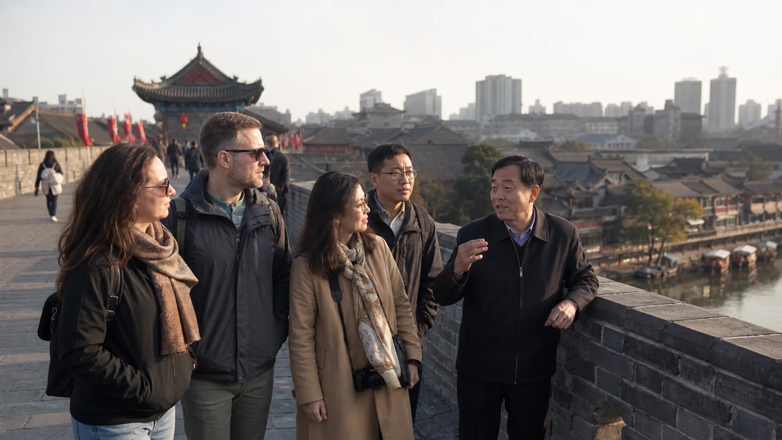 International travelers exploring Kaifeng city wall and historic waterside district with a guide