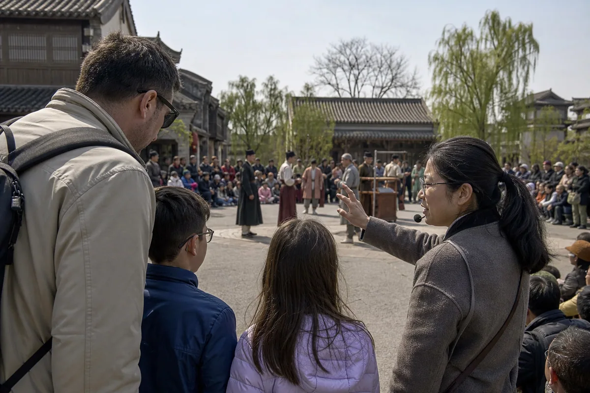 International family watching a cultural performance at Qingming Riverside Landscape Garden