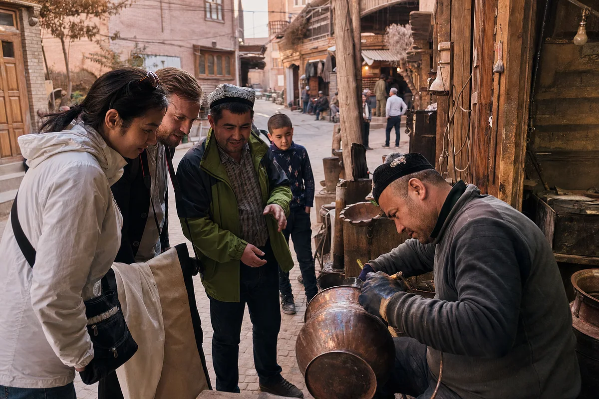 International travelers meeting a copper artisan with a local guide in Kashgar Old City