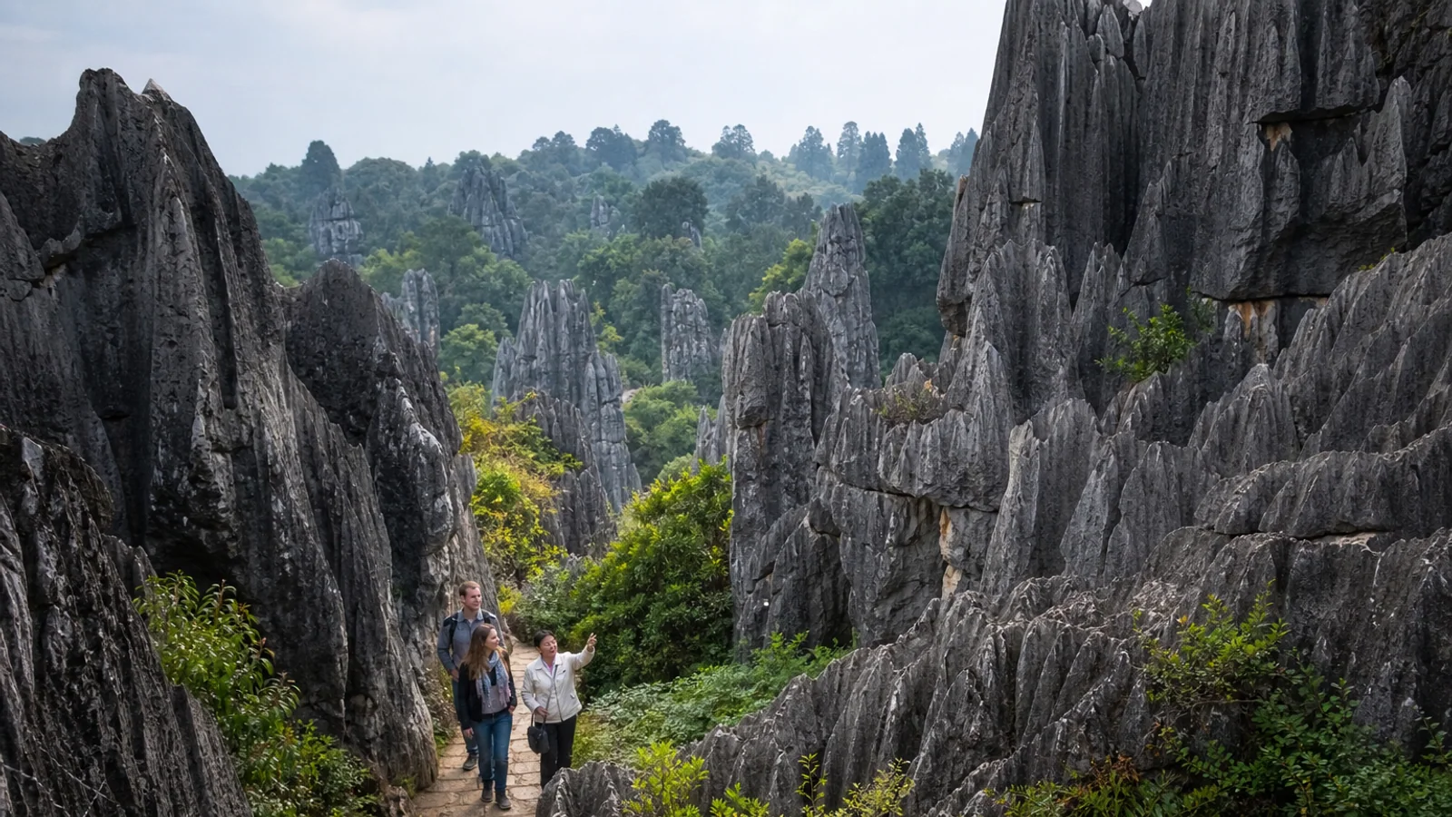 International travelers walking through Shilin Stone Forest near Kunming with a local guide
