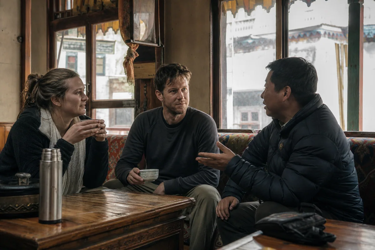 Travelers resting with a local guide in a contemporary Tibetan tea house in Lhasa