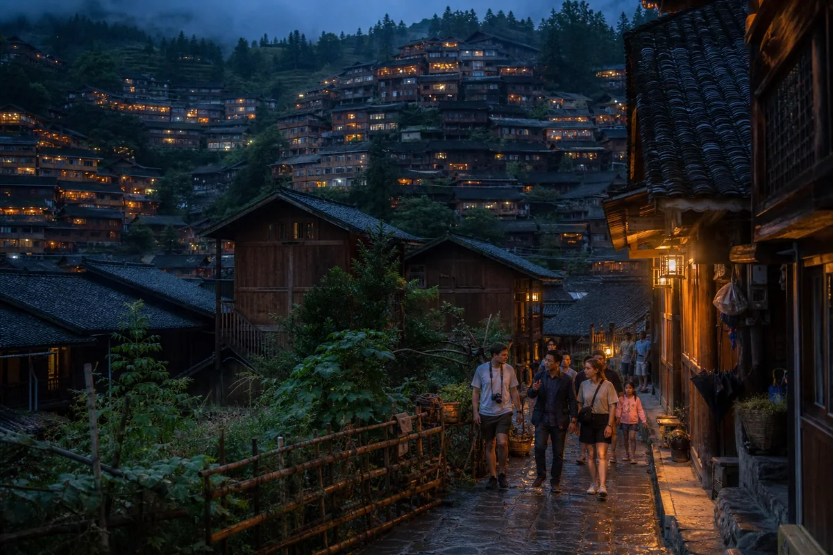 Travelers walking through Xijiang Miao village at blue hour after rain