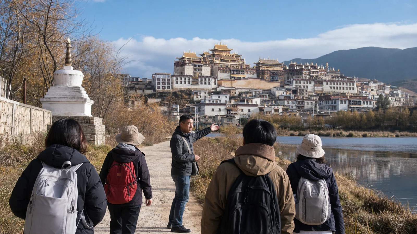 International travelers walking with a local guide toward Songzanlin Monastery in Shangri La