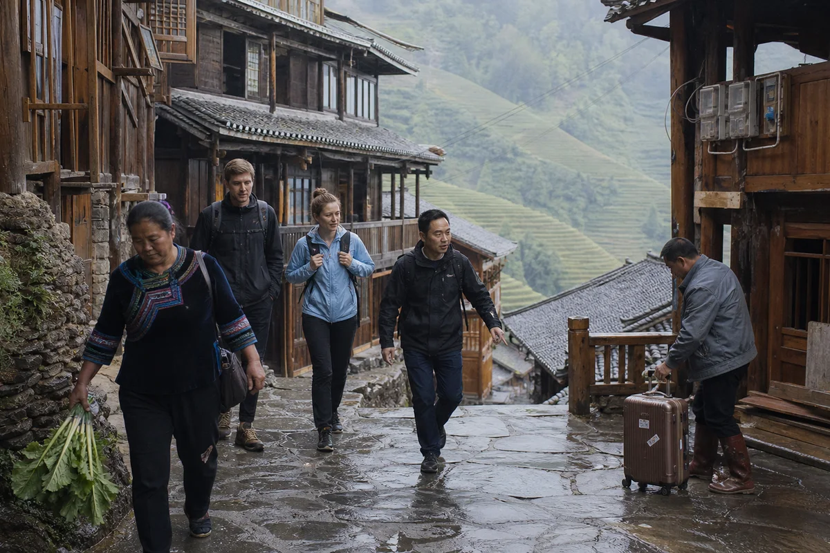 Travelers and a guide walking through wet stone lanes in Dazhai village