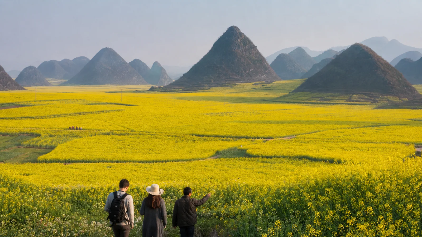 Travelers walking through Luoping rapeseed fields below Jinji Peaks in Yunnan
