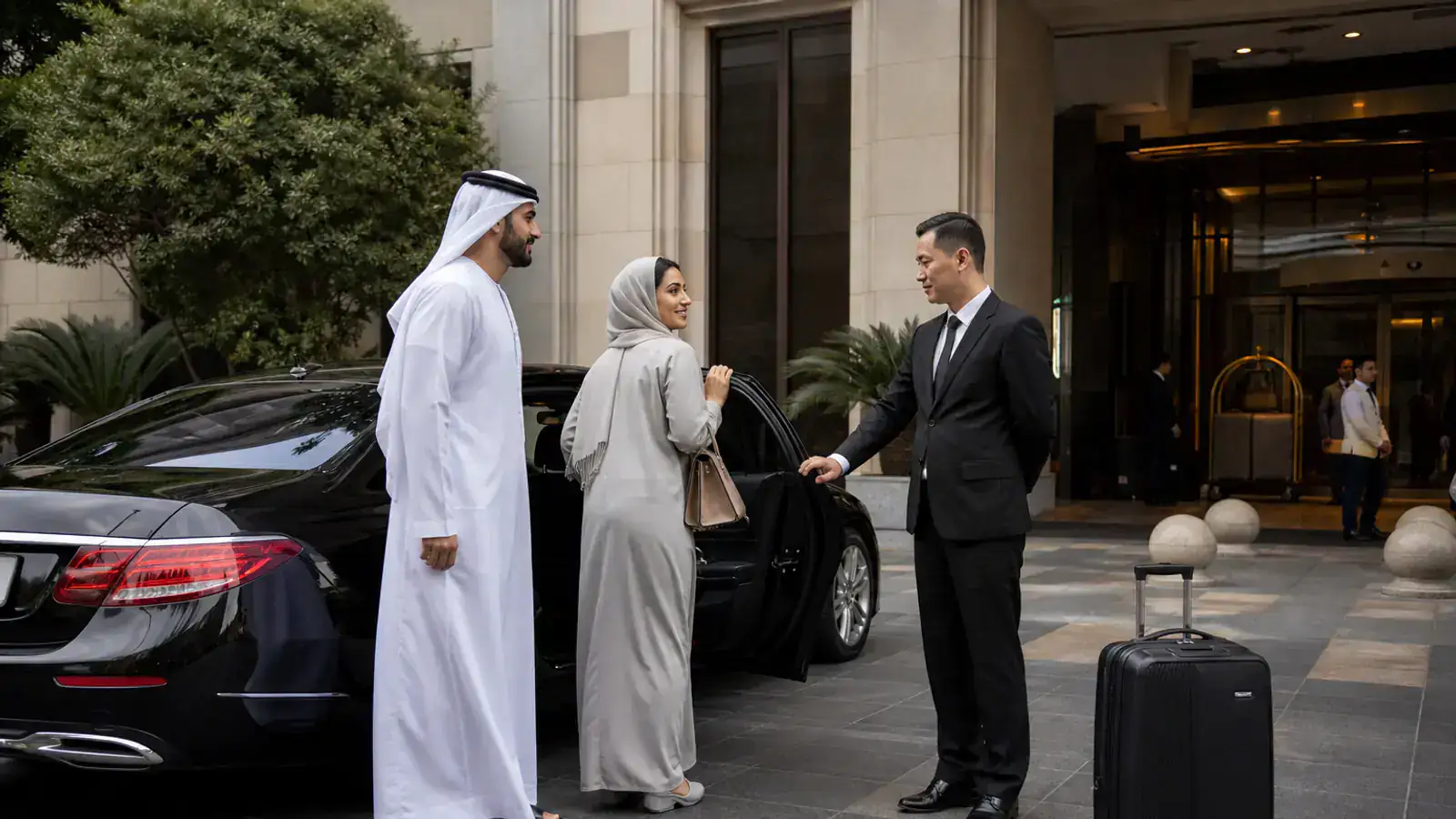 Elegant Gulf couple arriving at a Shanghai hotel with a premium executive sedan and chauffeur