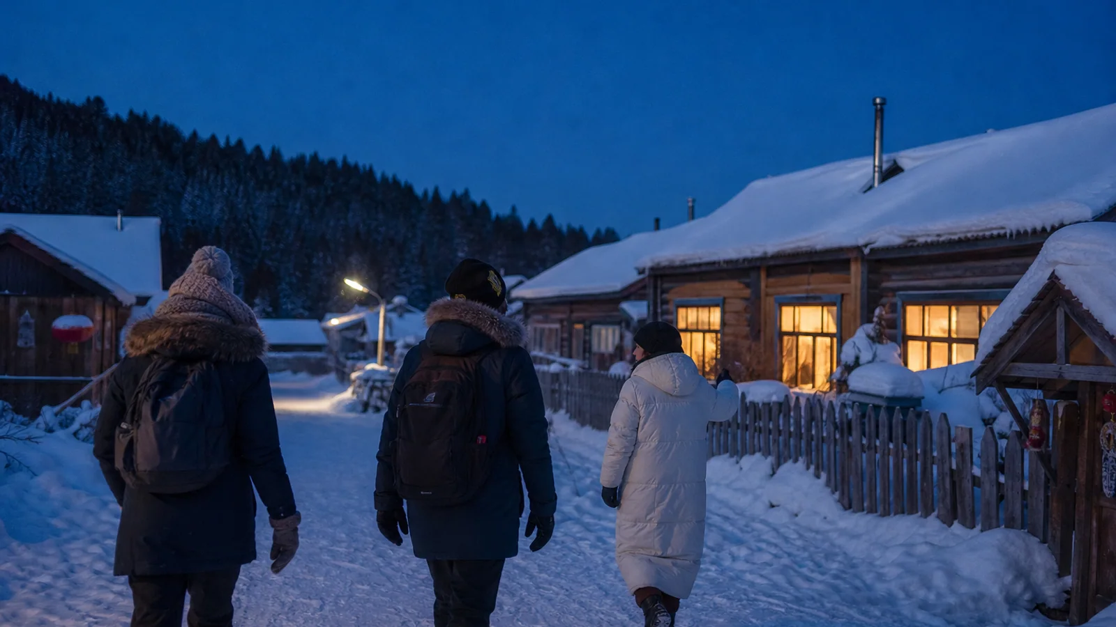 International travelers walking to a warm homestay in Arctic Village near Mohe during winter