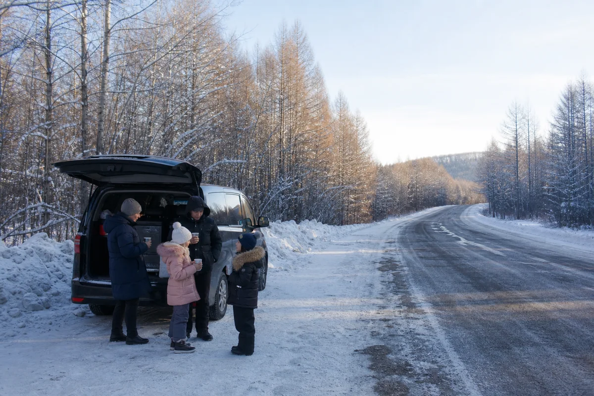 International family and chauffeur taking a warm drink break on the winter road near Mohe