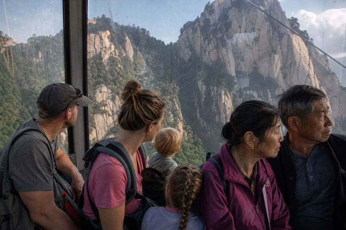 Travelers riding an enclosed cable car up Mount Huashan