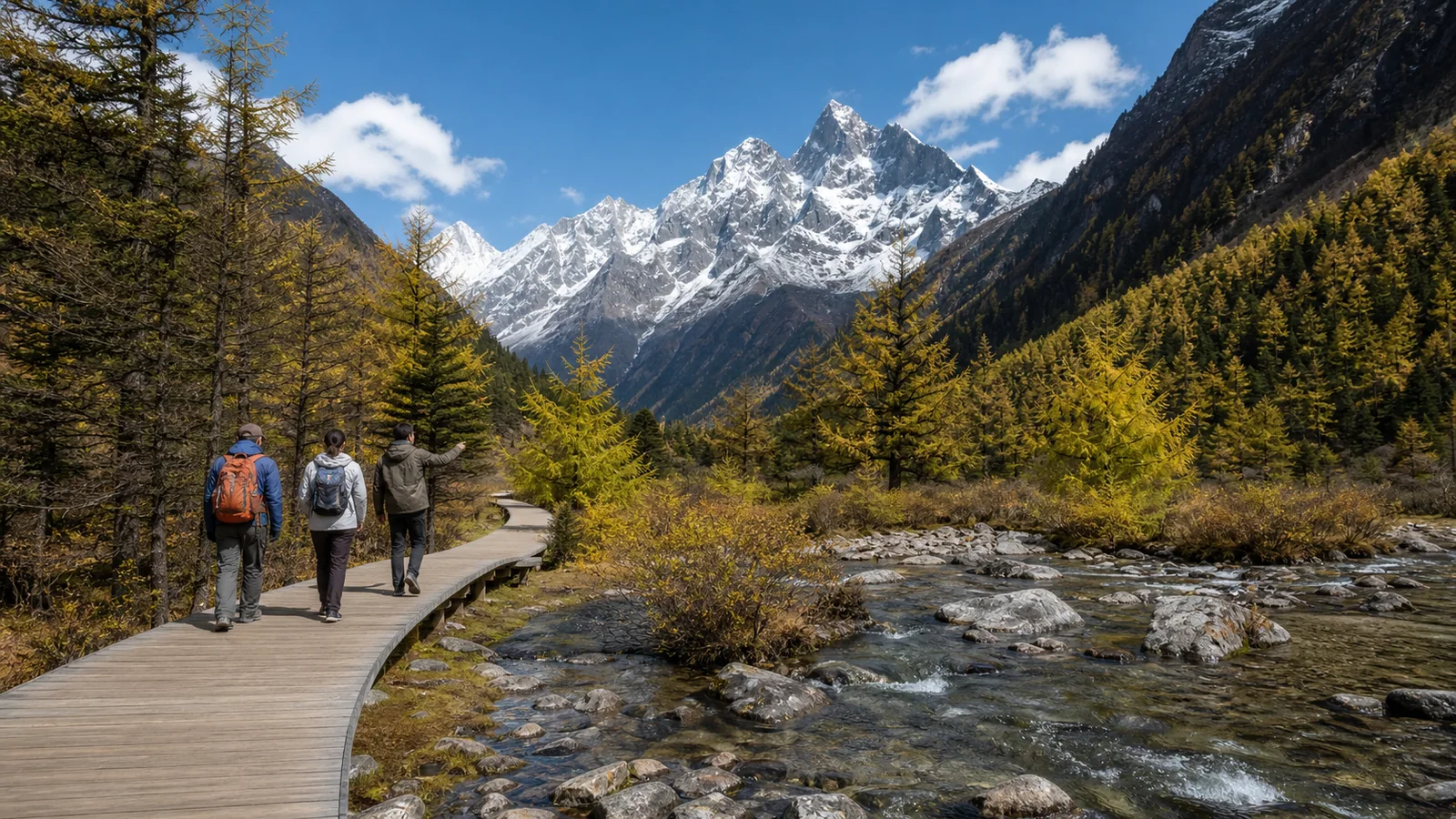 Travelers walking through Shuangqiao Valley below Mount Siguniang in autumn