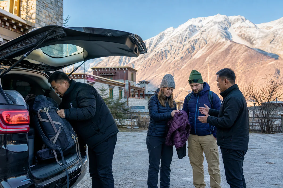 Chauffeur and guide helping travelers prepare day packs near Mount Siguniang