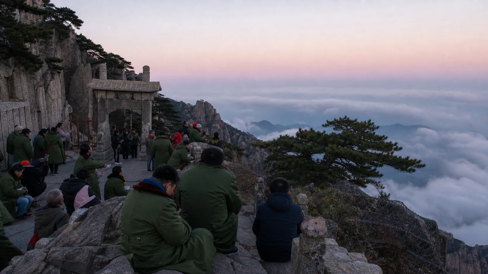 Travelers watching sunrise from the summit of Mount Tai in Shandong