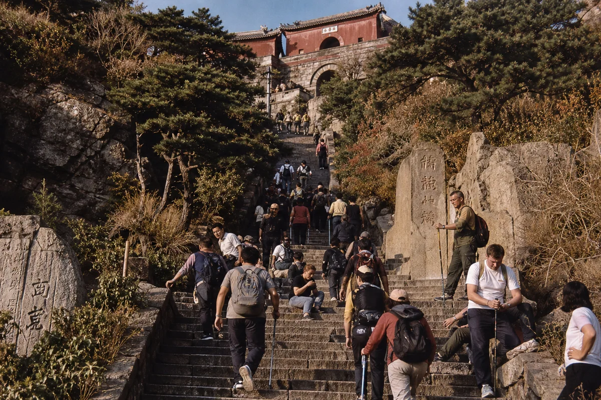 Travelers climbing the steep stone steps near the South Gate to Heaven on Mount Tai