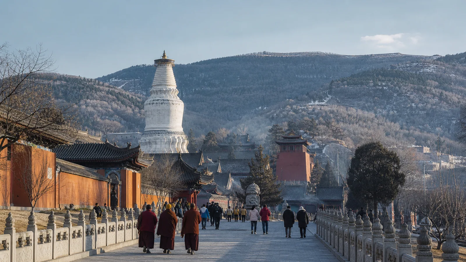 Pilgrims and monks near the Great White Pagoda in Mount Wutai