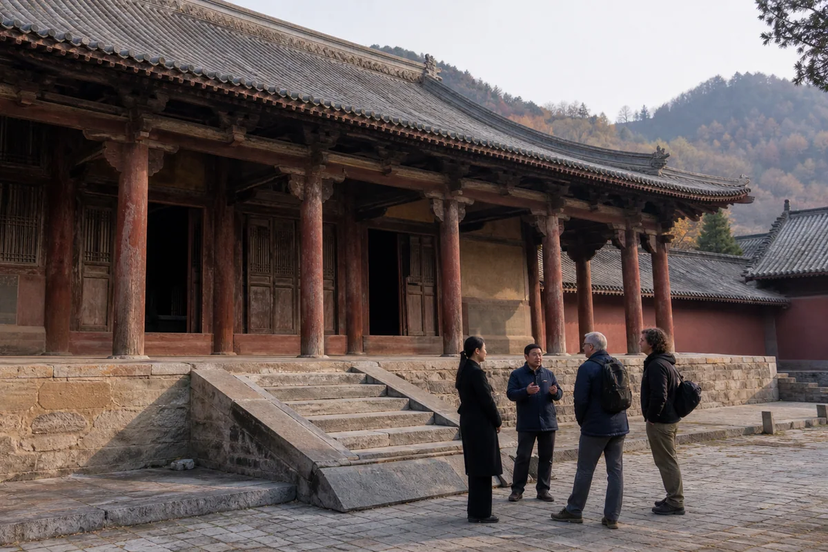 Travelers listening to a local expert outside Foguang Temple in Shanxi