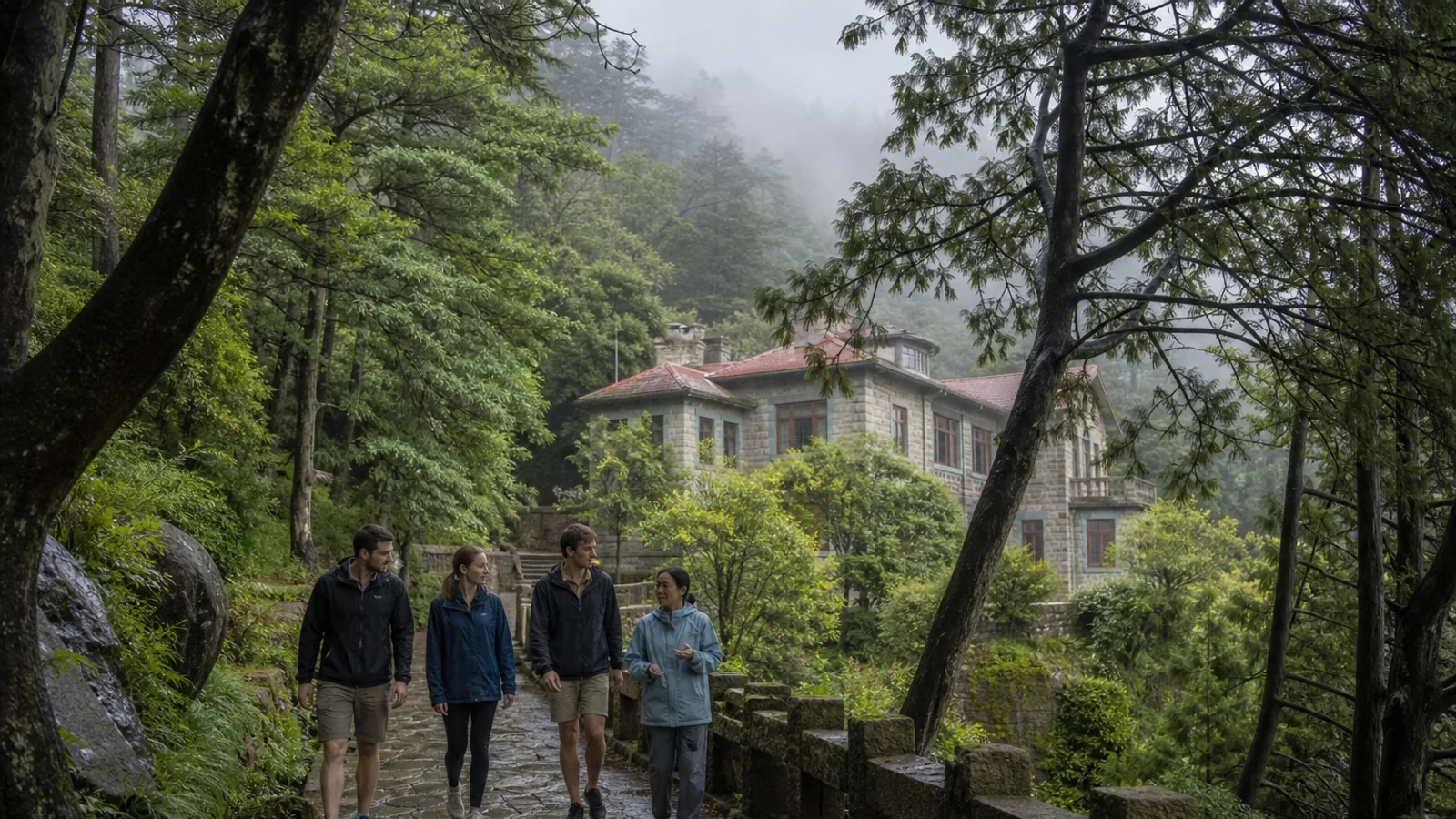 International travelers walking through mist near historic villas on Mount Lushan