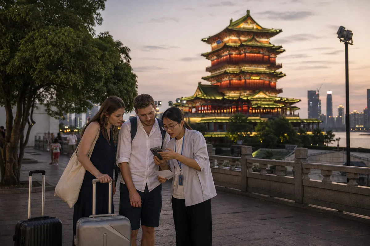 International travelers planning their Lushan route beside Tengwang Pavilion in Nanchang