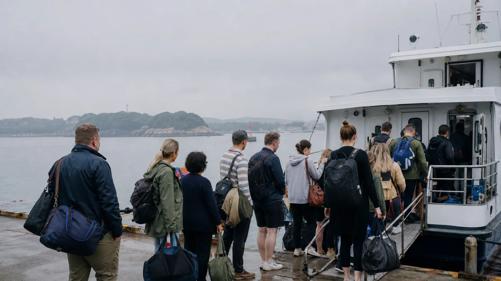 International travelers boarding a passenger ferry for Putuoshan Island