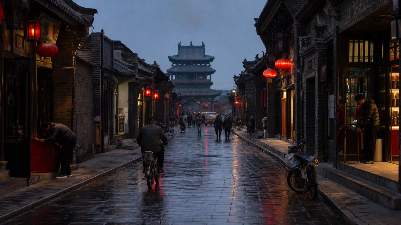 A wet lantern lit street inside Pingyao Ancient City at blue hour