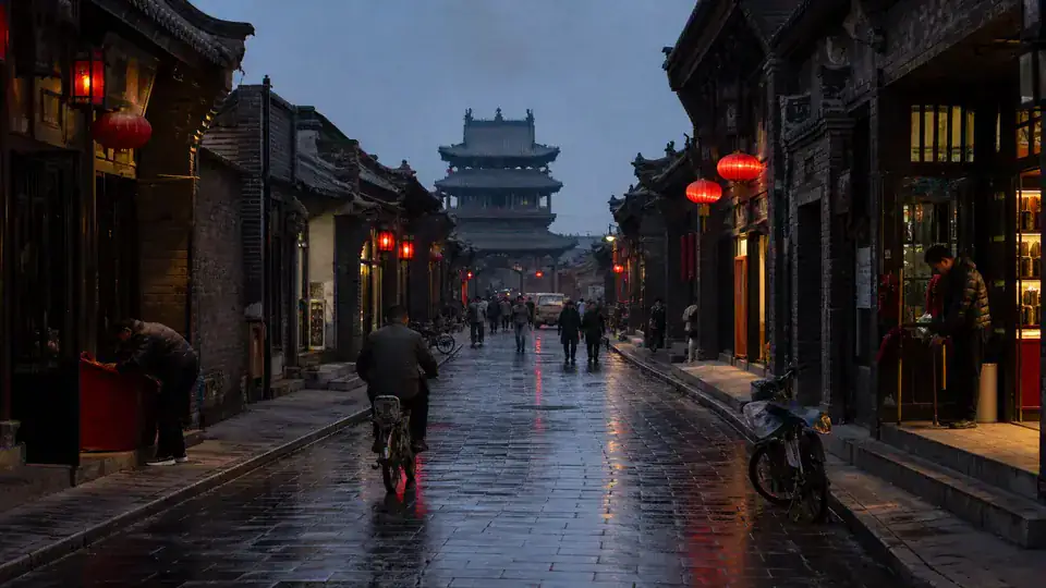 A wet lantern lit street inside Pingyao Ancient City at blue hour