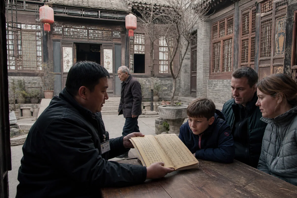 A guide showing historic merchant records to travelers in a Pingyao courtyard