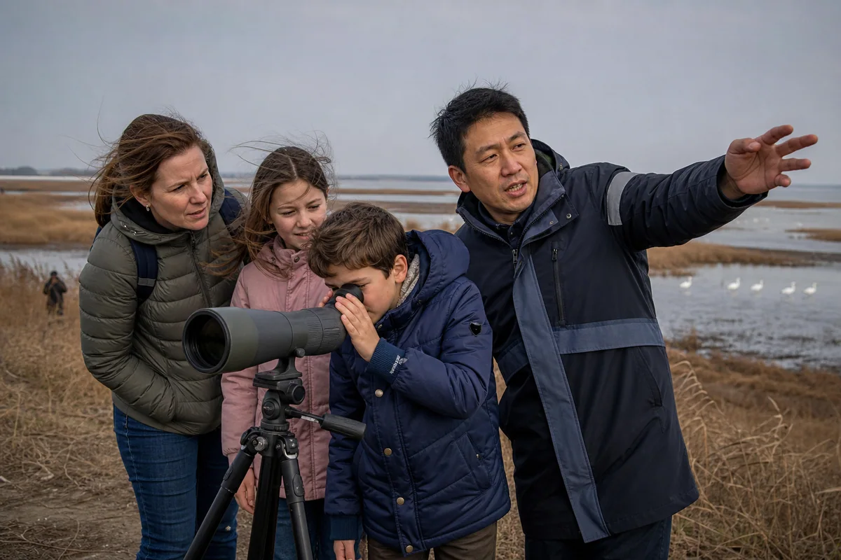 Family learning about Poyang Lake birds through a spotting scope with a nature guide