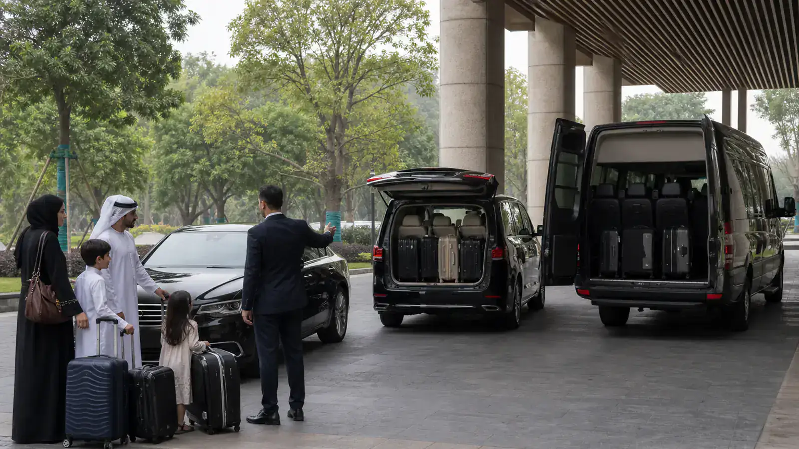 UAE family comparing sedan, MPV and VIP van capacity with a China travel coordinator