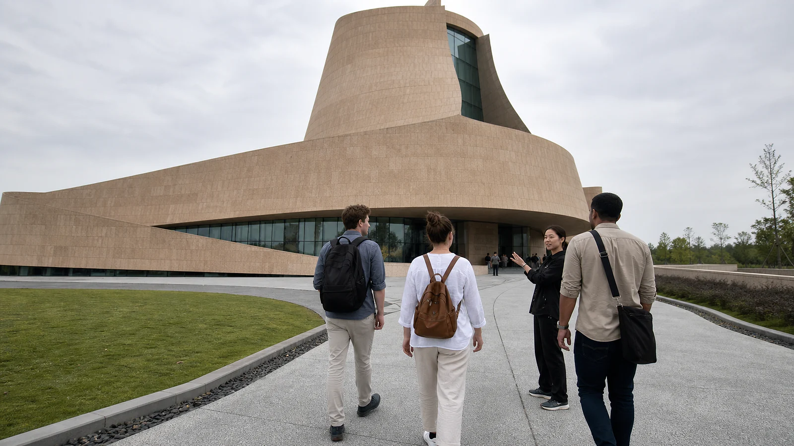 International travelers arriving with a local guide at the modern Sanxingdui Museum