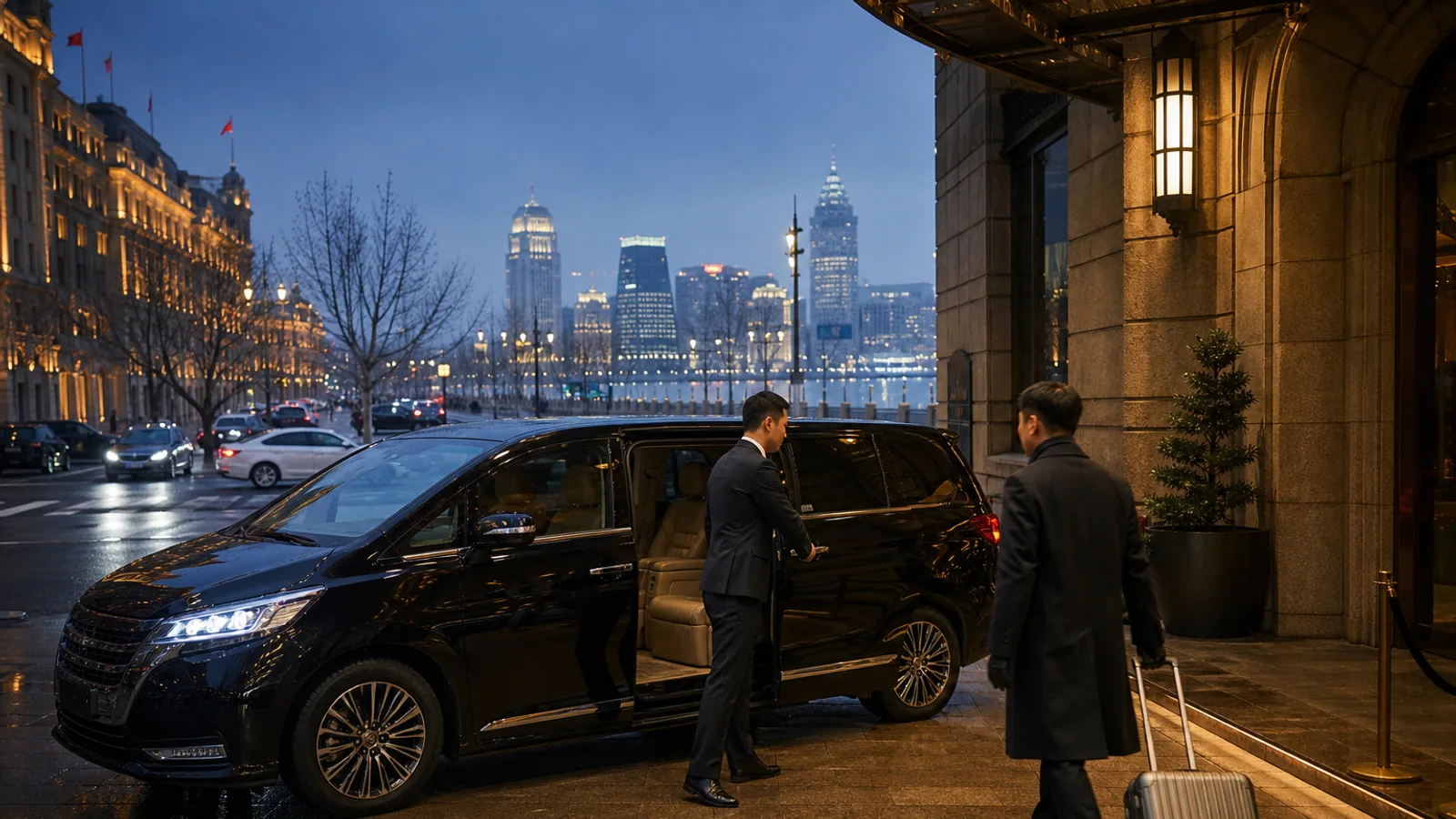 Business traveler arriving by private MPV at a hotel near the Shanghai Bund