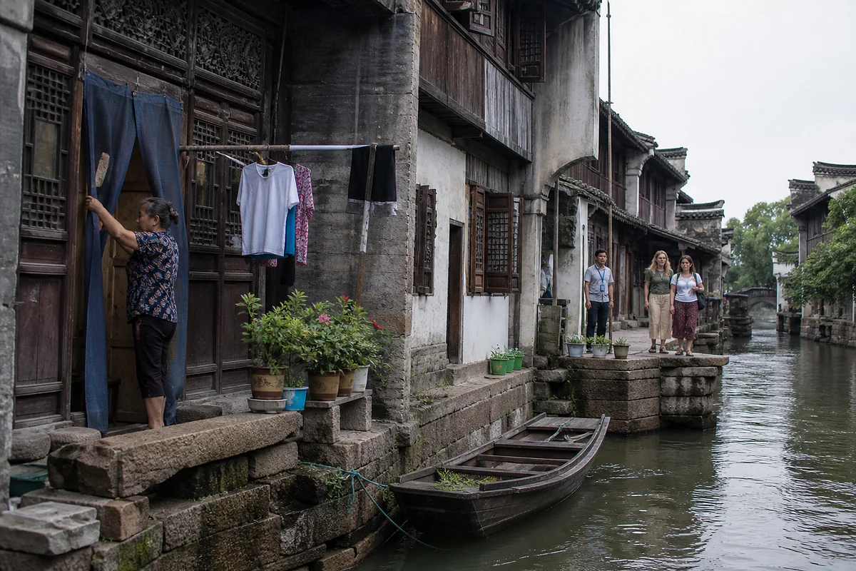 A lived in Wuzhen canal lane with local resident, visitors and a wooden boat