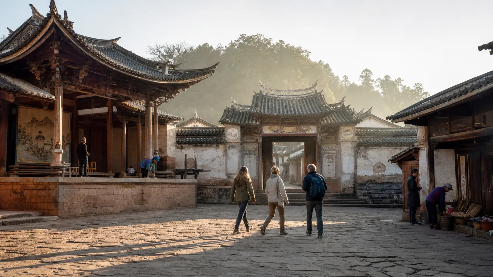 Travelers crossing Sideng market square in Shaxi Ancient Town in the morning
