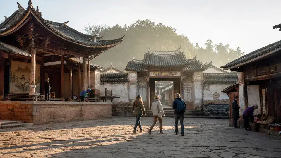 Travelers crossing Sideng market square in Shaxi Ancient Town in the morning
